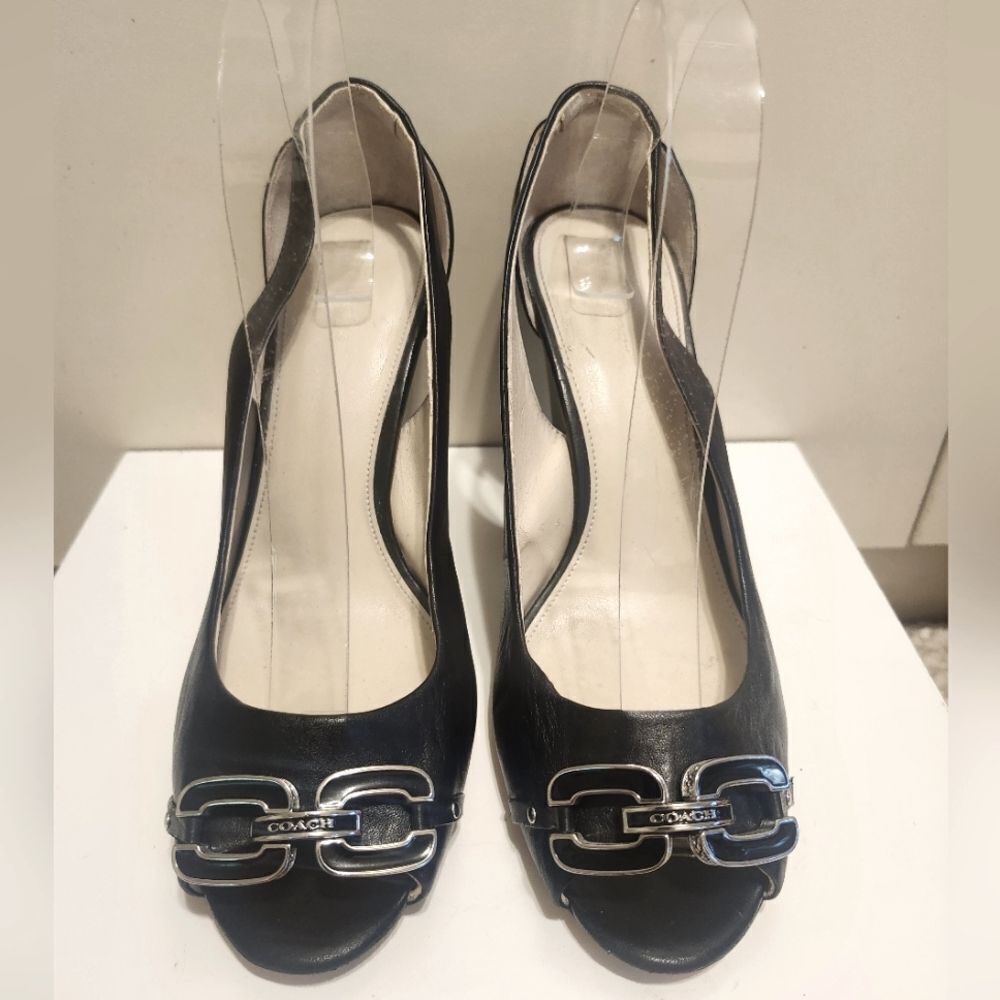 Coach NY "Larchmont" Black Leather Wedge Heel Peep Toe Logo Pumps Sz.9.5 $178 - Picture 2 of 8